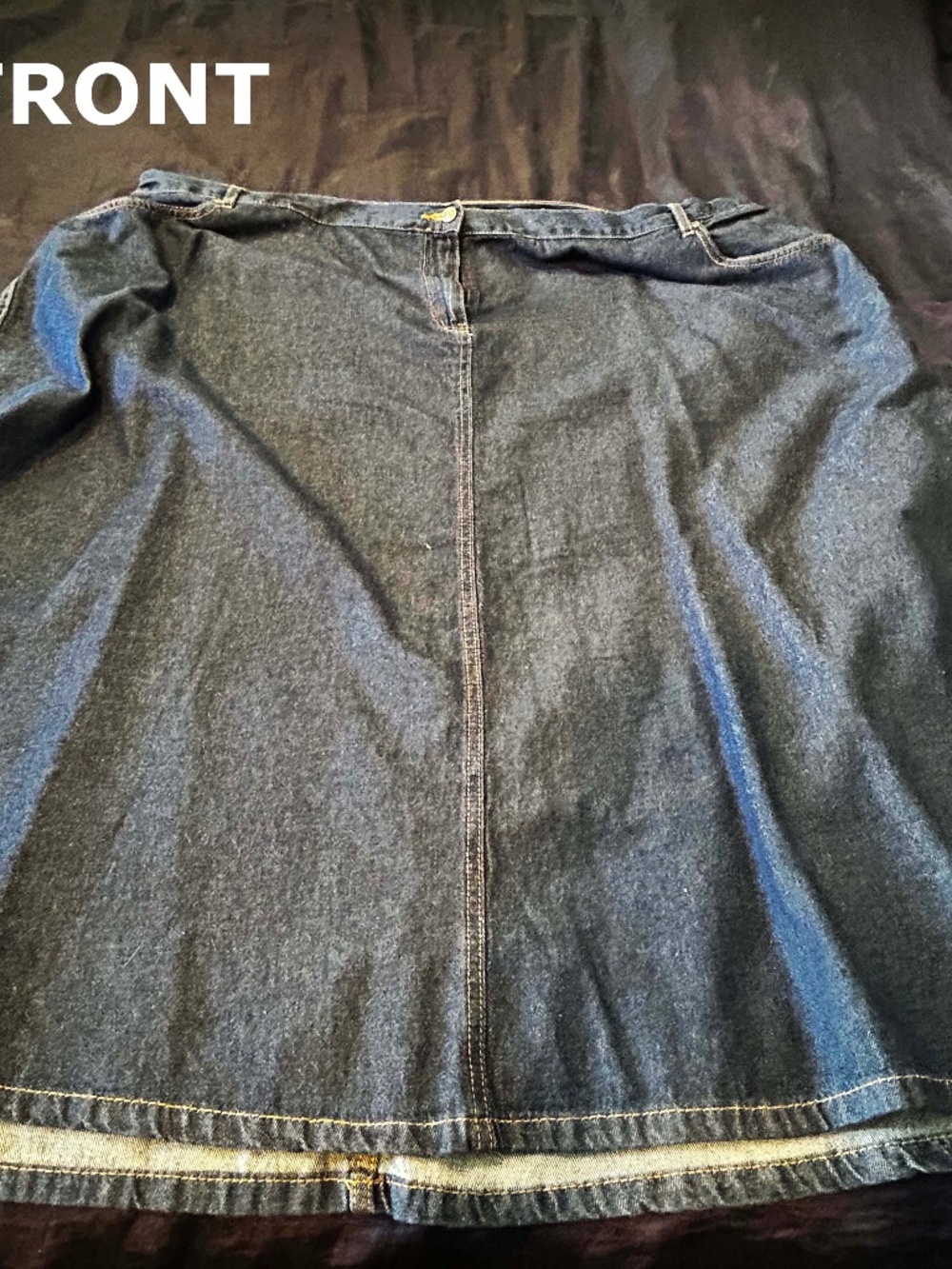 SKIRT, DENIM, DARK BLUE, SIZE 34W, 100% COTTON, FRONT & BACK POCKETS, FRONT FLY,
